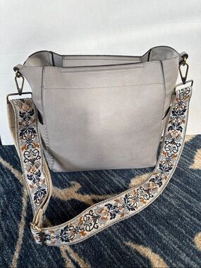 Women’s Light Gray Leather Shoulder Bag with Decorative Strap